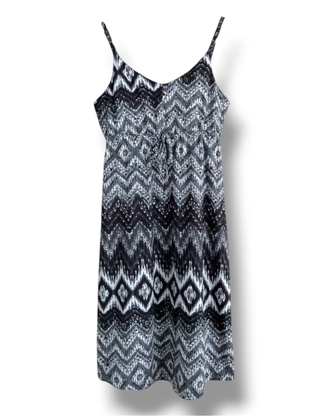 Kyodan A-Line Summer Dress Empire Waist Chevron Print Black White Grey